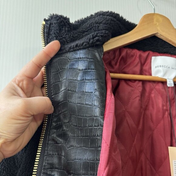 NEW Rebecca Minkoff Women’s Faux Shearling Zip Front Bomber Jacket Sz L Black - Picture 9 of 16